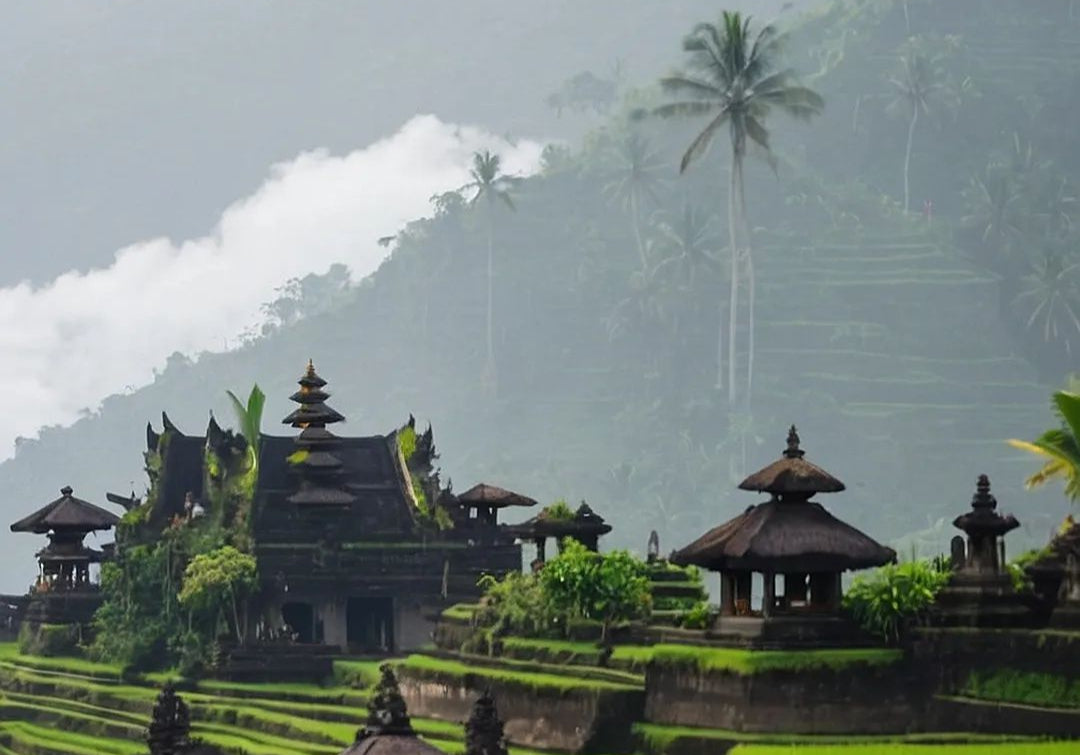 Traditional Balinese temple complex with lush greenery and mountains in the background