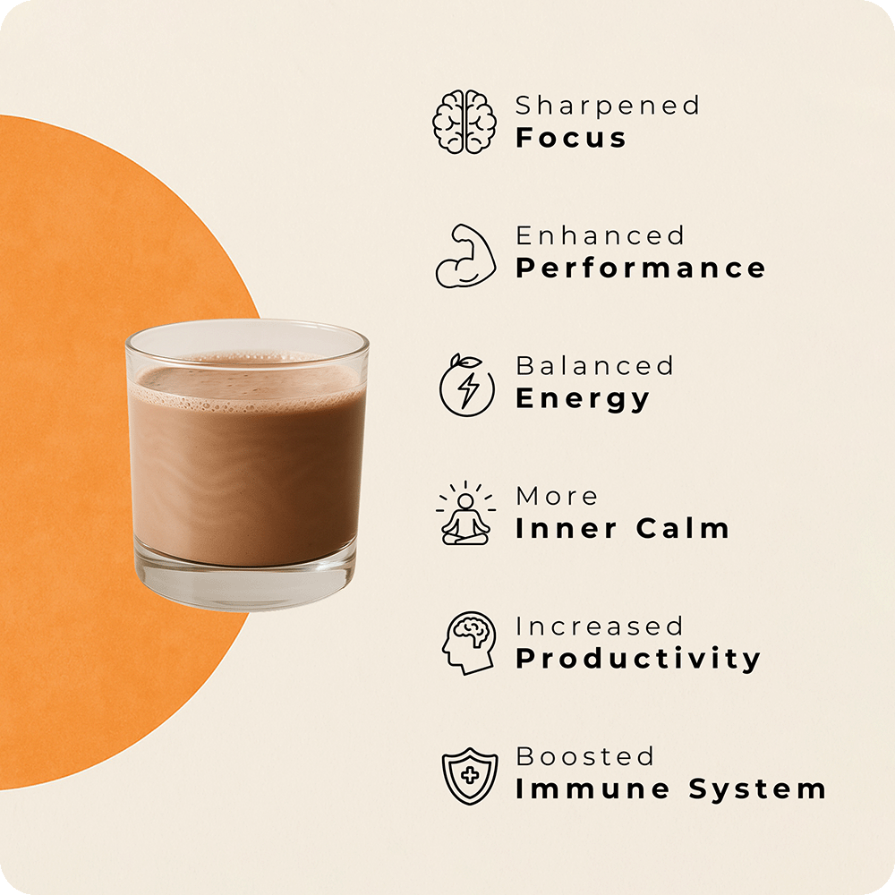 PAOUP with health benefits listed: Sharpened Focus, Enhanced Performance, Balanced Energy, More Inner Calm, Increased Productivity, Boosted Immune System