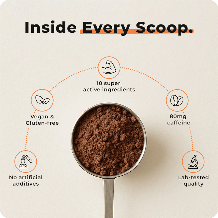 Spoonful of paoup cacao powder with health benefits text on a beige background: 10 super active ingredients, vegan and gluten free, caffeine, no artificial additives, lab tested quality