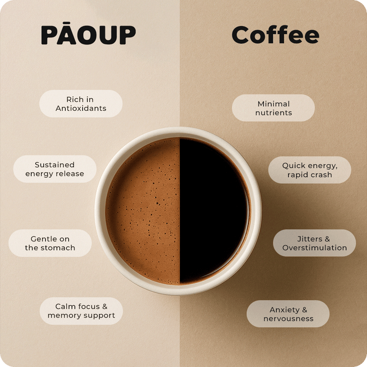 paoup vs coffee. paoup is rich in antioxidants, sustained energy release, gentle on stomach, calm focus and memory support. coffee has minimal nutrients, quick energy but rapid crash, jitters and overstimulation, anxiety and nervousness